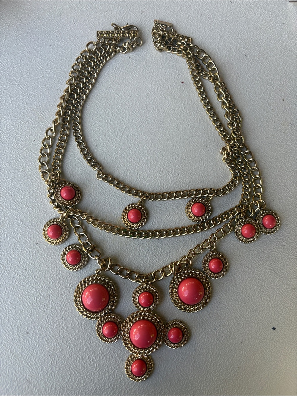 Gold-Tone Layered Necklace with Coral Pink Cabochons